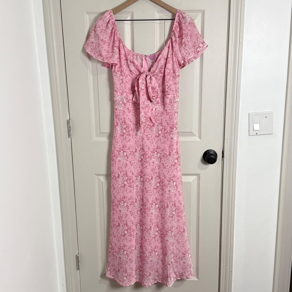 miami Pink Floral Midi Dress with Tie Front